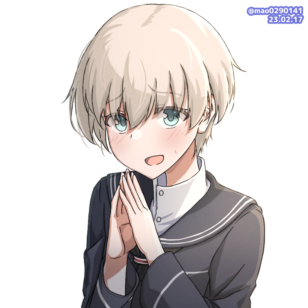 1girl, bangs, black_dress, black_sailor_collar, blonde_hair, blue_eyes, blush, buttons, dated, dress, hair_between_eyes, kantai_collection, long_sleeves, m.a.o, no_headwear, one-hour_drawing_challenge, open_mouth, sailor_collar, sailor_dress, short_hair, simple_background, solo, twitter_username, upper_body, white_background, z1_leberecht_maass_(kancolle)