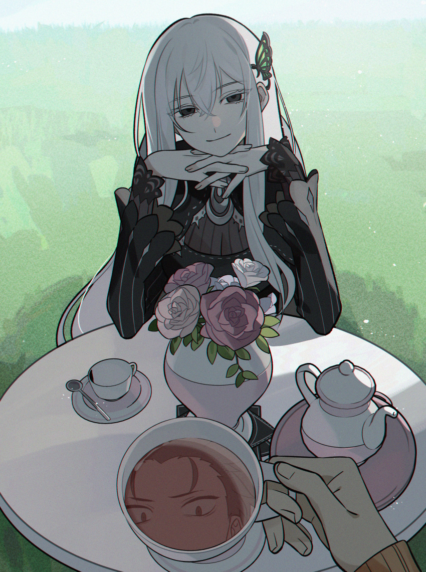 1boy, 1girl, absurdres, bangs, black_dress, black_eyes, butterfly_hair_ornament, closed_mouth