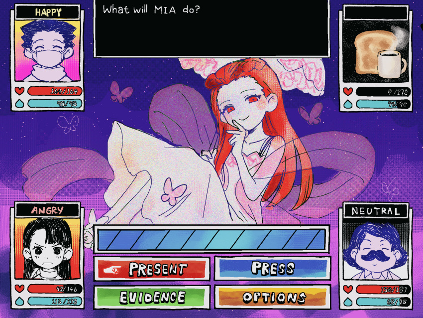 2boys, 2girls, ace_attorney, asymmetrical_bangs, bangs, braid, bug, butterfly