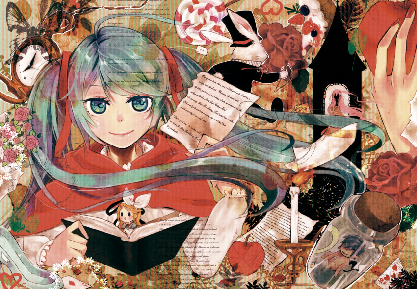 alice_(wonderland), alice_(wonderland)_(cosplay), alice_in_wonderland, apple, aqua_eyes, aqua_hair, blonde_hair, blue_hair, book, bunny, butterfly, candle, candy, cape, card, chibi, clock, cosplay, fingernails, fire, flame, floating_card, flower, food, fruit, hat, hatsune_miku, highres, holding, jar, kagamine_rin, kaito, little_red_riding_hood, little_red_riding_hood_(cosplay), little_red_riding_hood_(grimm), lollipop, long_hair, megurine_luka, nail_polish, paper, rapunzel, rapunzel_(cosplay), rapunzel_(grimm), red_rose, rose, short_hair, smile, twintails, very_long_hair, vient, vocaloid