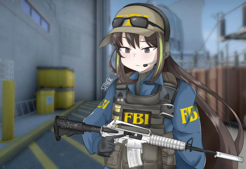 1girl, armor, artist_name, assault_rifle, bangs, baseball_cap, blue_jacket, body_armor