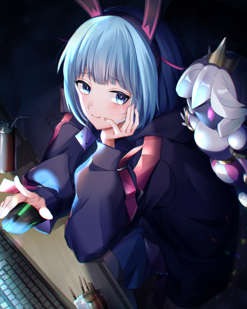 1girl, animal_ears, bangs, black_jacket, blue_eyes, blue_hair, blush, crown