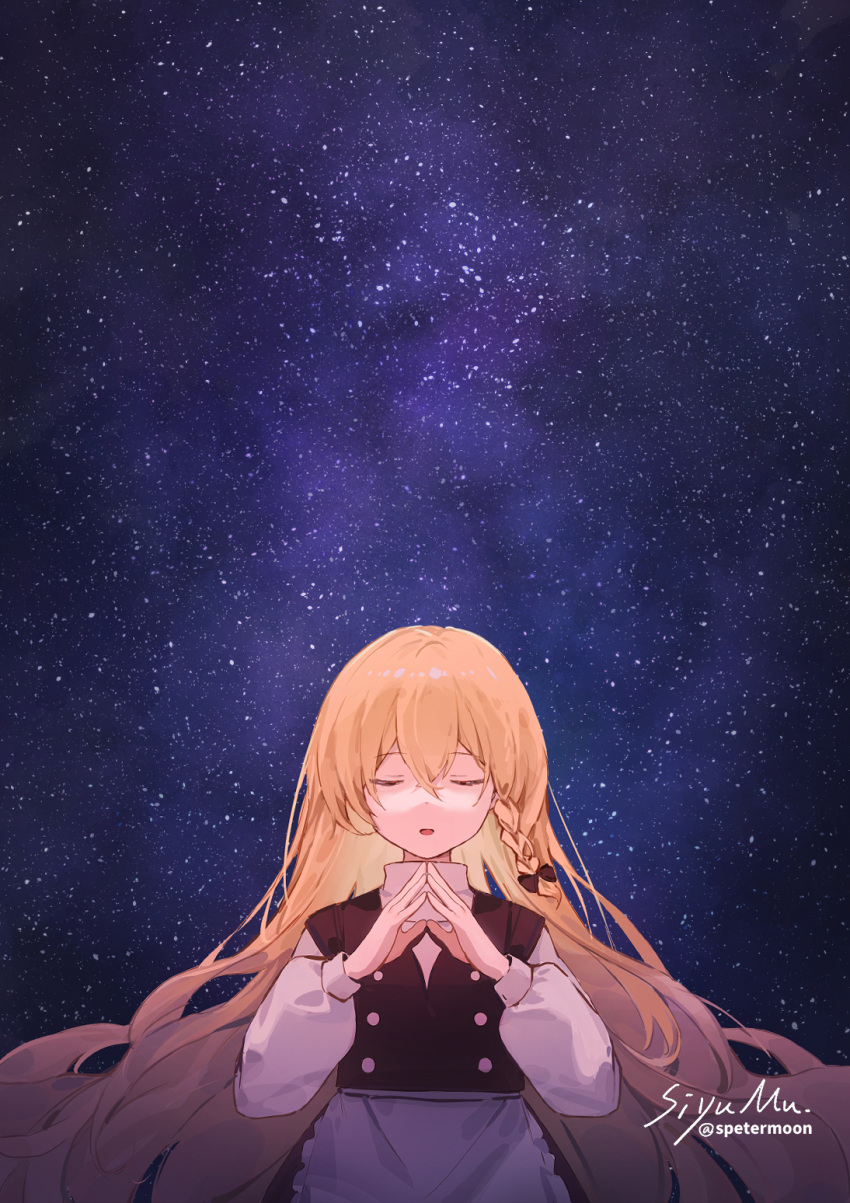 1girl, apron, artist_name, bangs, black_bow, black_skirt, black_vest, blonde_hair