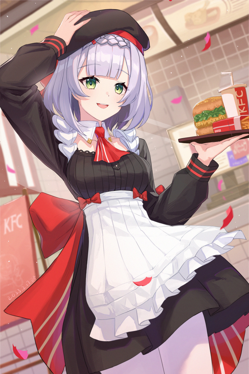 1girl, absurdres, apron, arm_up, bangs, braid, burger, cup