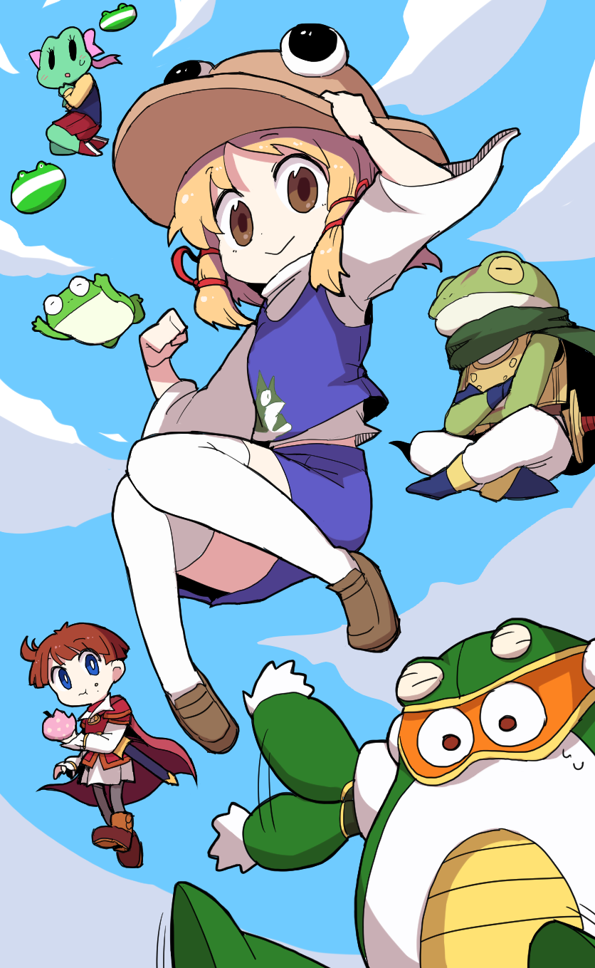 blonde_hair, blue_sky, brown_eyes, brown_footwear, cape, chrono_trigger, copyright_request, crossover, dokan_(dkn), eating, floating, frog, frog_(chrono_trigger), hat, highres, kaeru_no_tame_ni_kane_wa_naru, long_sleeves, medium_hair, mega_man_(series), moriya_suwako, multiple_crossover, purple_skirt, purple_vest, robot, sabure_oukoku_no_ouji, shirt, shoes, skirt, sky, smile, species_connection, toad_man, touhou, vest, white_shirt, wide_sleeves