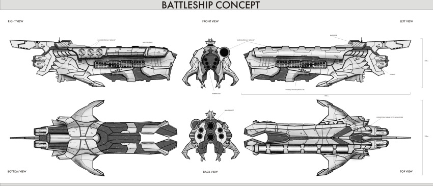 absurdres, battleship_(eve_online), commentary, concept_art, english_text, eve_online, from_above, from_behind, from_below, from_side, greyscale, highres, jetheart, military, military_vehicle, monochrome, multiple_views, no_humans, original, science_fiction, spacecraft, thrusters, vehicle_focus