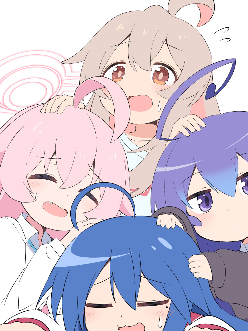 4girls, absurdres, acchi_kocchi, ahoge, blue_archive, blue_hair, closed_eyes, commentary_request