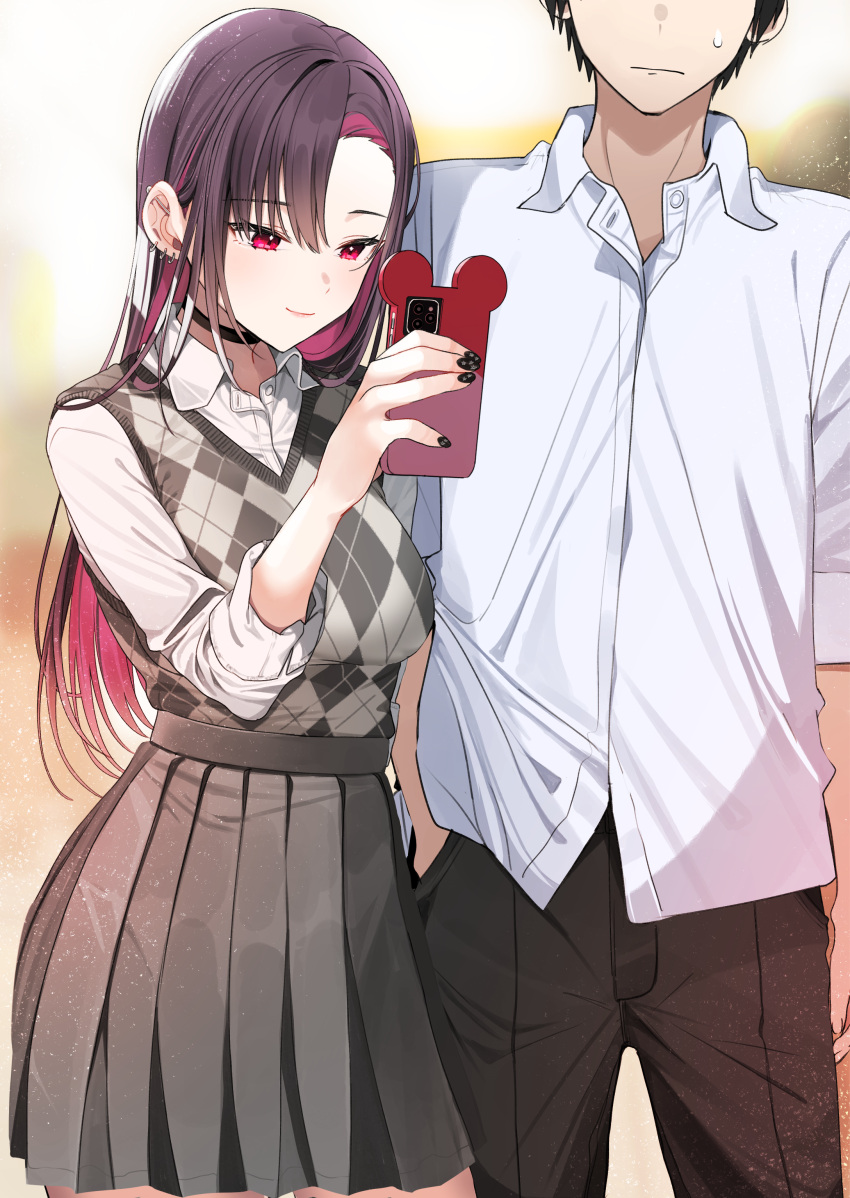1boy, 1girl, absurdres, back_hair, bangs, black_nails, breasts, brown_skirt