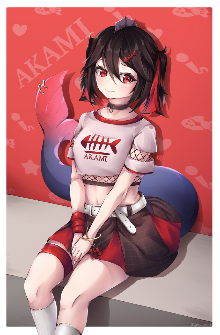 1girl, absurdres, akami_chiyo, amai_direct, animal_print, bangs, black_choker, black_hair, black_skirt, black_tail, blush, bracelet, character_name, choker, clothes_writing, fish_bone, fish_girl, fish_print, fish_tail, fishnet_sleeves, head_fins, highres, jewelry, kneehighs, medium_hair, midriff, multicolored_clothes, multicolored_hair, multicolored_skirt, navel, piercing, red_eyes, red_skirt, red_tail, redhead, shironagase, shirt, short_sleeves, sitting, skirt, socks, solo, tail, tail_ornament, tail_piercing, two-tone_hair, two_side_up, virtual_youtuber, white_shirt, white_socks, wristband