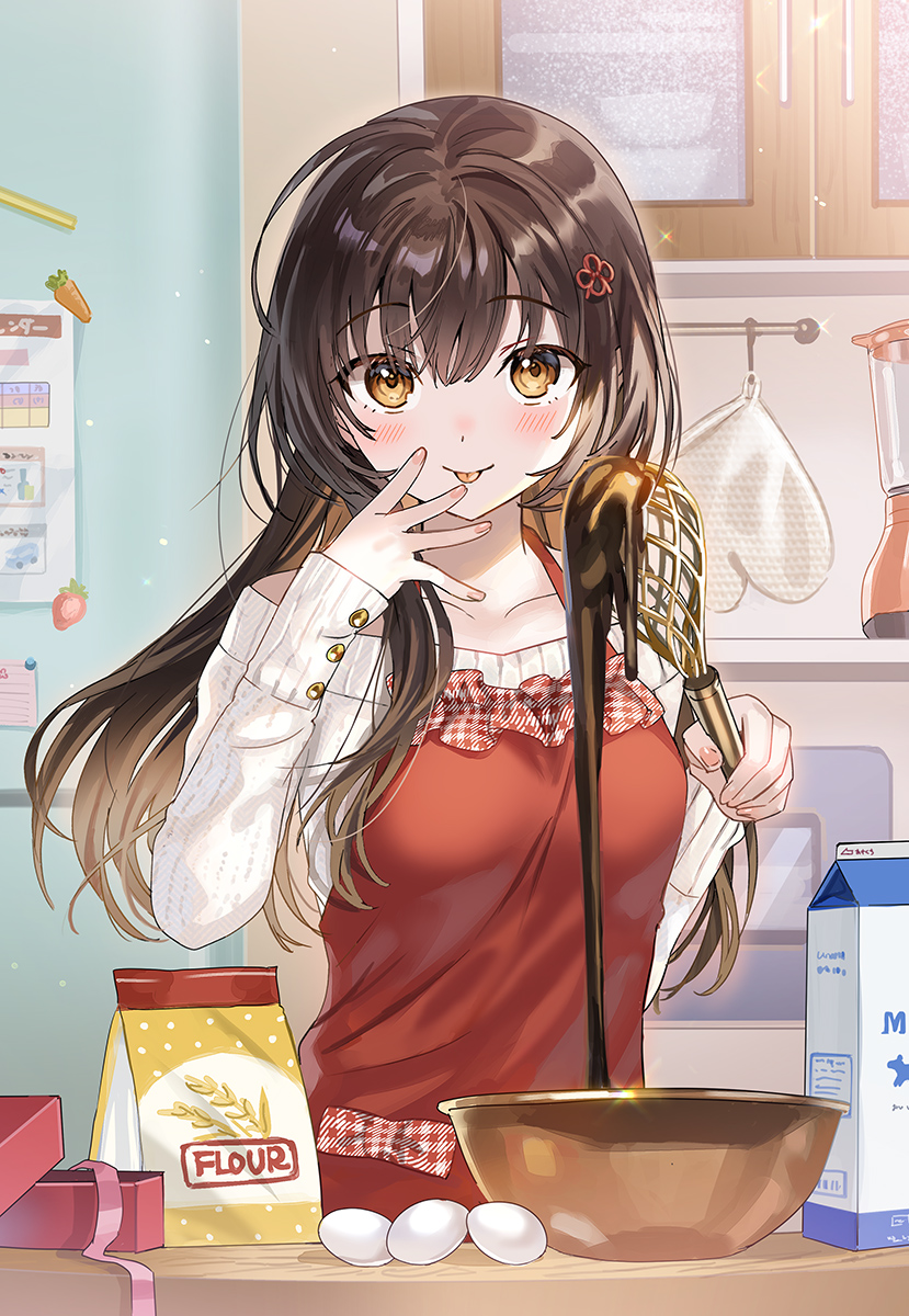 1girl, apron, bangs, blender_(object), blush, brown_hair, chocolate, commentary_request, egg_(food), fingernails, flour, food, hair_ornament, hands_up, highres, holding, holding_whisk, indoors, kitchen, long_hair, long_sleeves, looking_at_viewer, milk_carton, mixing_bowl, nail_polish, off-shoulder_sweater, off_shoulder, original, oven, oven_mitts, pink_nails, red_apron, solo, sweater, tan_(tangent), tasting, tongue, whisk, white_sweater, yellow_eyes