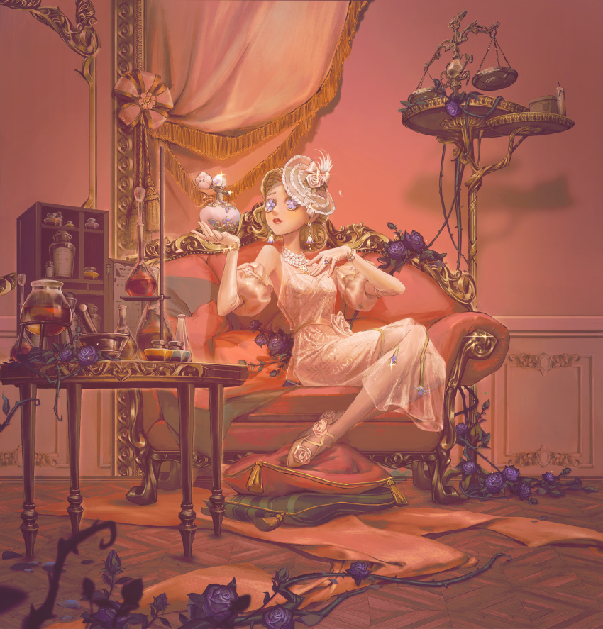 1girl, bag, balance_scale, blonde_hair, bottle, bow, box, bracelet