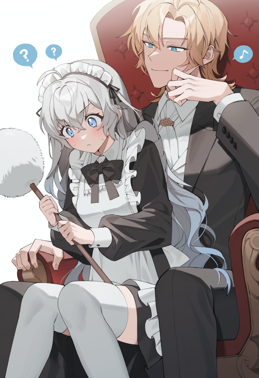 1boy, 1girl, ?, apron, ascot, bangs, black_bow, black_bowtie