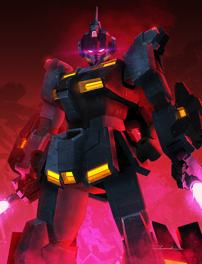 absurdres, beam_saber, damaged, dirty, dual_wielding, glowing, glowing_eyes, gundam