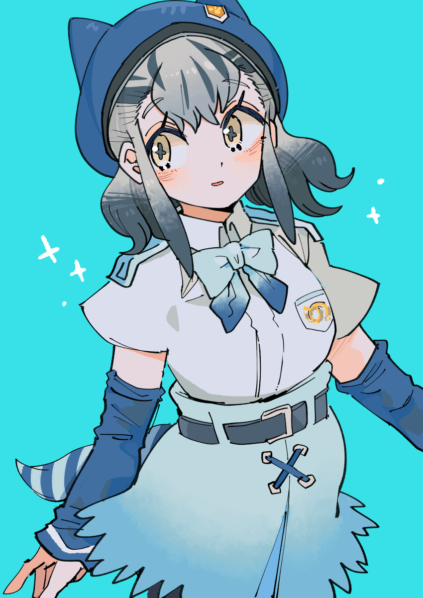 1girl, absurdres, animal_ears, belt, blue_background, bow, bowtie, elbow_gloves