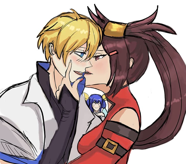 1boy, 2girls, blonde_hair, blue_hair, brown_hair, cheating, couple, crying