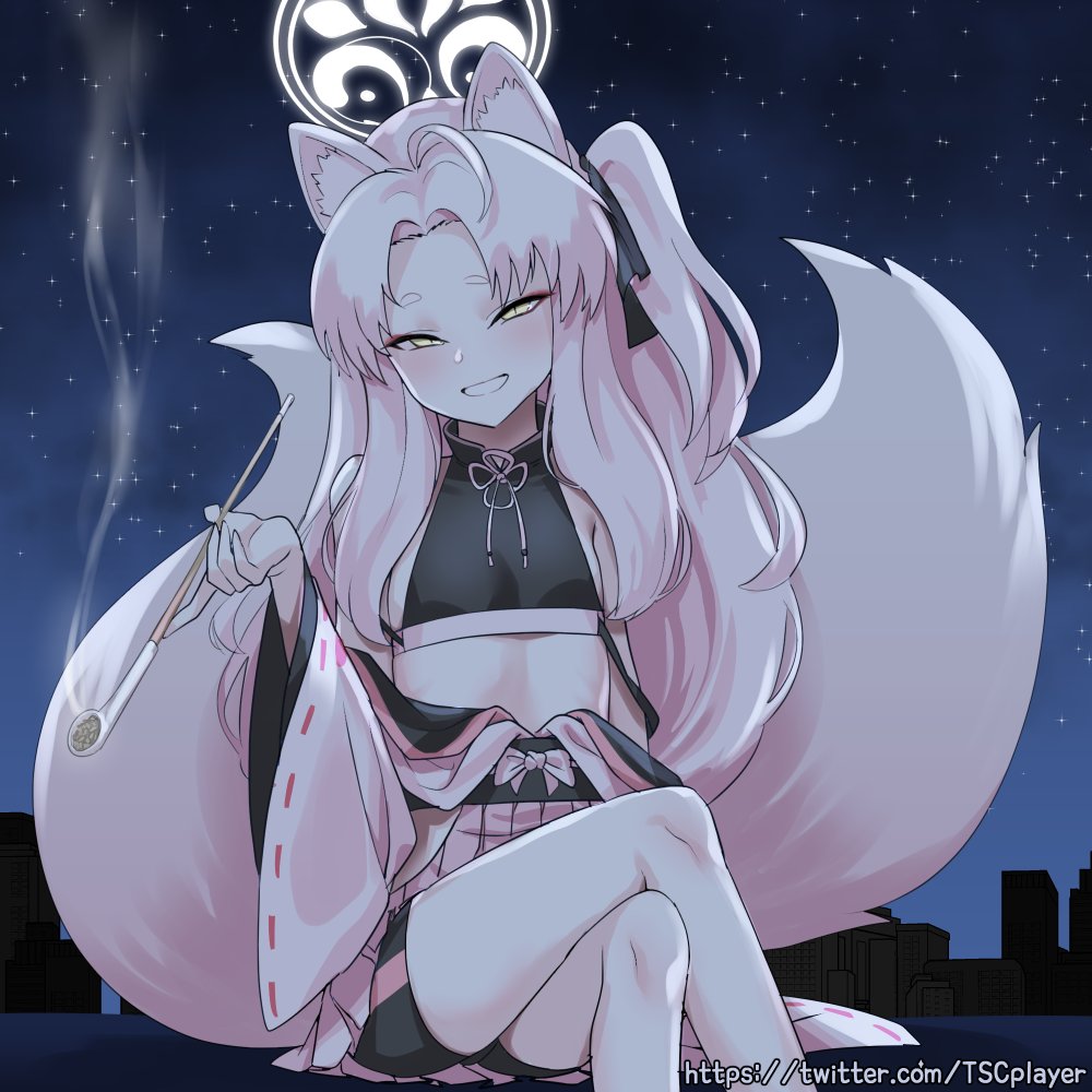 1girl, animal_ears, bike_shorts_under_skirt, black_ribbon, blue_archive, blush, crop_top, crossed_legs