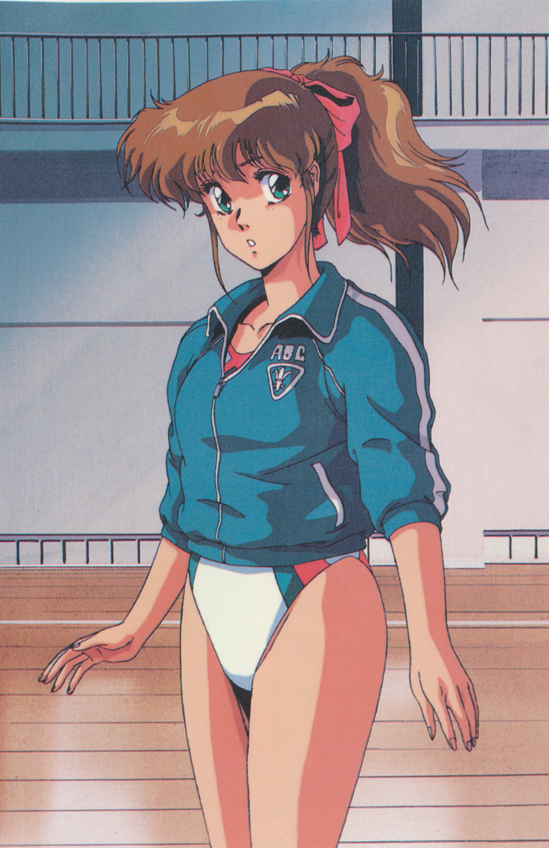 1980s_(style), 1girl, athletic_leotard, bangs, blue_eyes, blue_jacket, cowboy_shot, cream_lemon