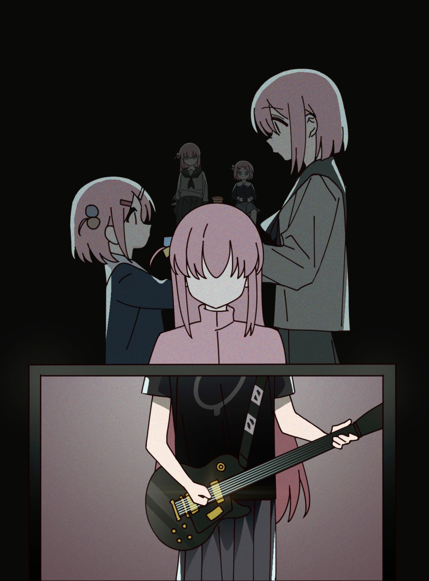 1girl, aged_down, asian_kung-fu_generation, bangs, blanchat, bocchi_the_rock!, cube_hair_ornament, electric_guitar