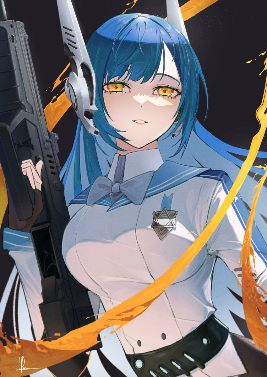 1girl, absurdres, assault_rifle, black_gloves, blue_bow, blue_bowtie, blue_hair, bow