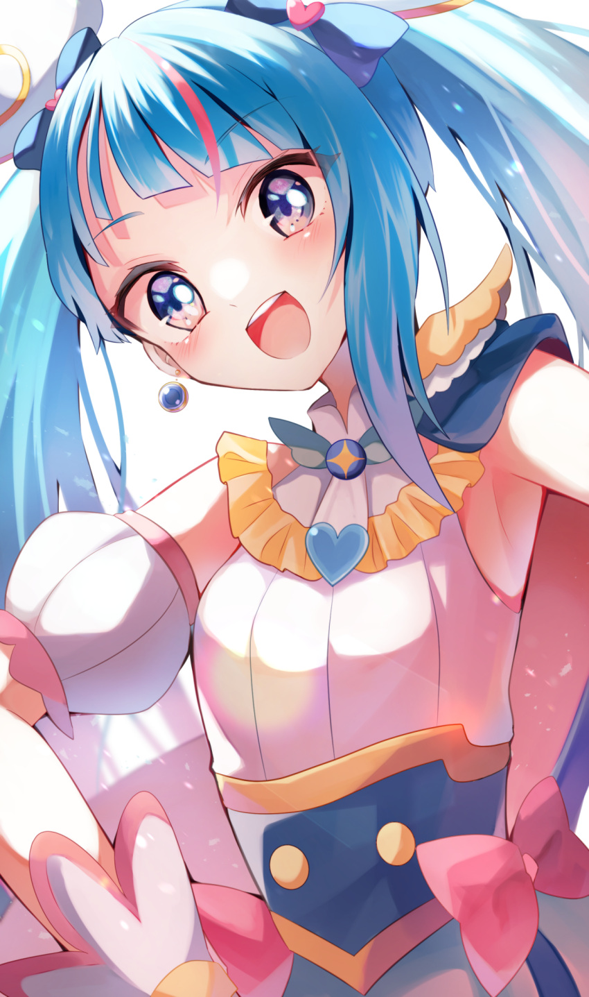 1girl, blue_eyes, blue_hair, brooch, cape, cure_sky, detached_sleeves, earrings, highres, hirogaru_sky!_precure, jewelry, long_hair, magical_girl, mani_(second-dimension), open_mouth, precure, puffy_detached_sleeves, puffy_sleeves, single_earring, single_sidelock, smile, solo, sora_harewataru, twintails, two-sided_cape, two-sided_fabric, wing_brooch, wing_hair_ornament