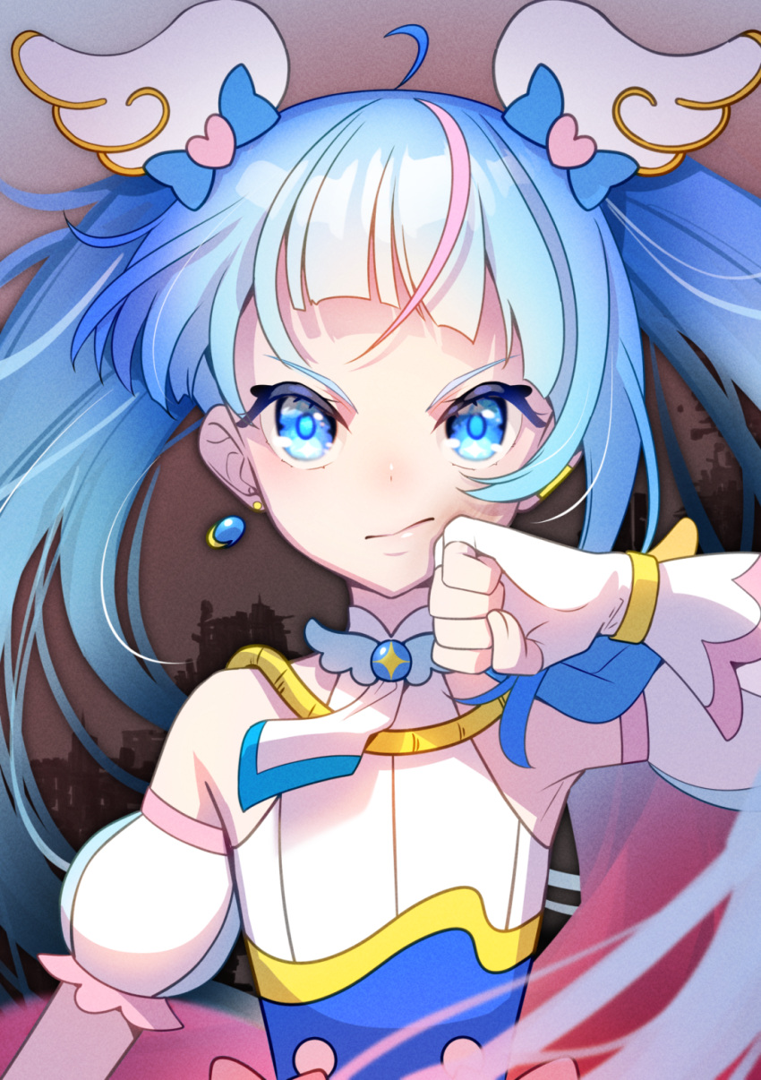 1girl, ahoge, blue_eyes, blue_hair, brooch, cape, clenched_hand, cure_sky, detached_sleeves, earrings, fingerless_gloves, gloves, highres, hirogaru_sky!_precure, jewelry, long_hair, magical_girl, osarutukamaeru, precure, puffy_detached_sleeves, puffy_sleeves, single_earring, single_sidelock, solo, sora_harewataru, twintails, white_gloves, wing_brooch, wing_hair_ornament