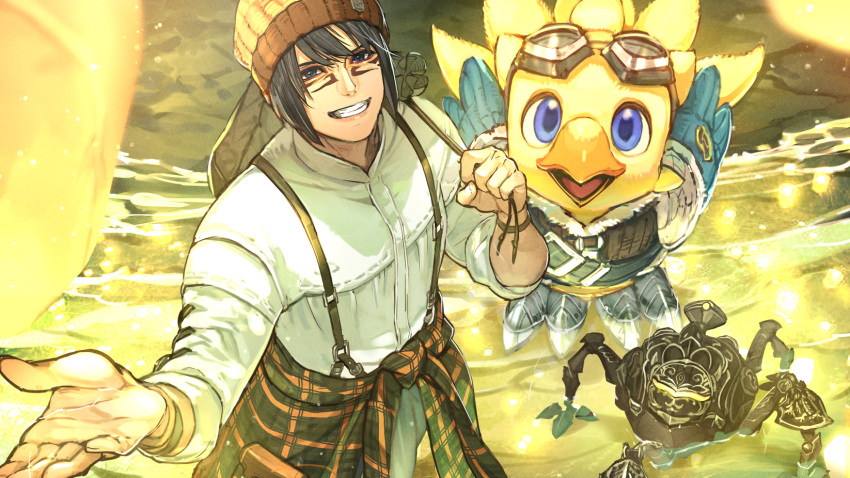1boy, alpha_(ff14), avatar_(ff14), black_hair, clothes_around_waist, facial_mark, final_fantasy, final_fantasy_xiv