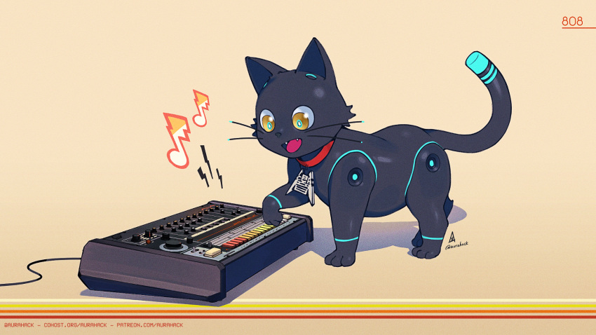 808_(hi-fi_rush), aurahack, black_cat, cat, hi-fi_rush, highres, no_humans, patreon_username