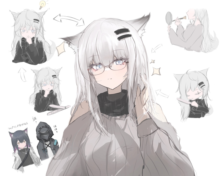 1other, 2girls, animal_ears, arknights, black_coat, coat, doctor_(arknights), glasses