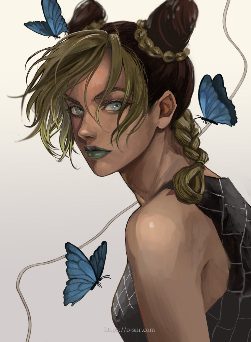 black_hair, braid, bug, butterfly, double_bun, green_hair, green_lips, hair_bun