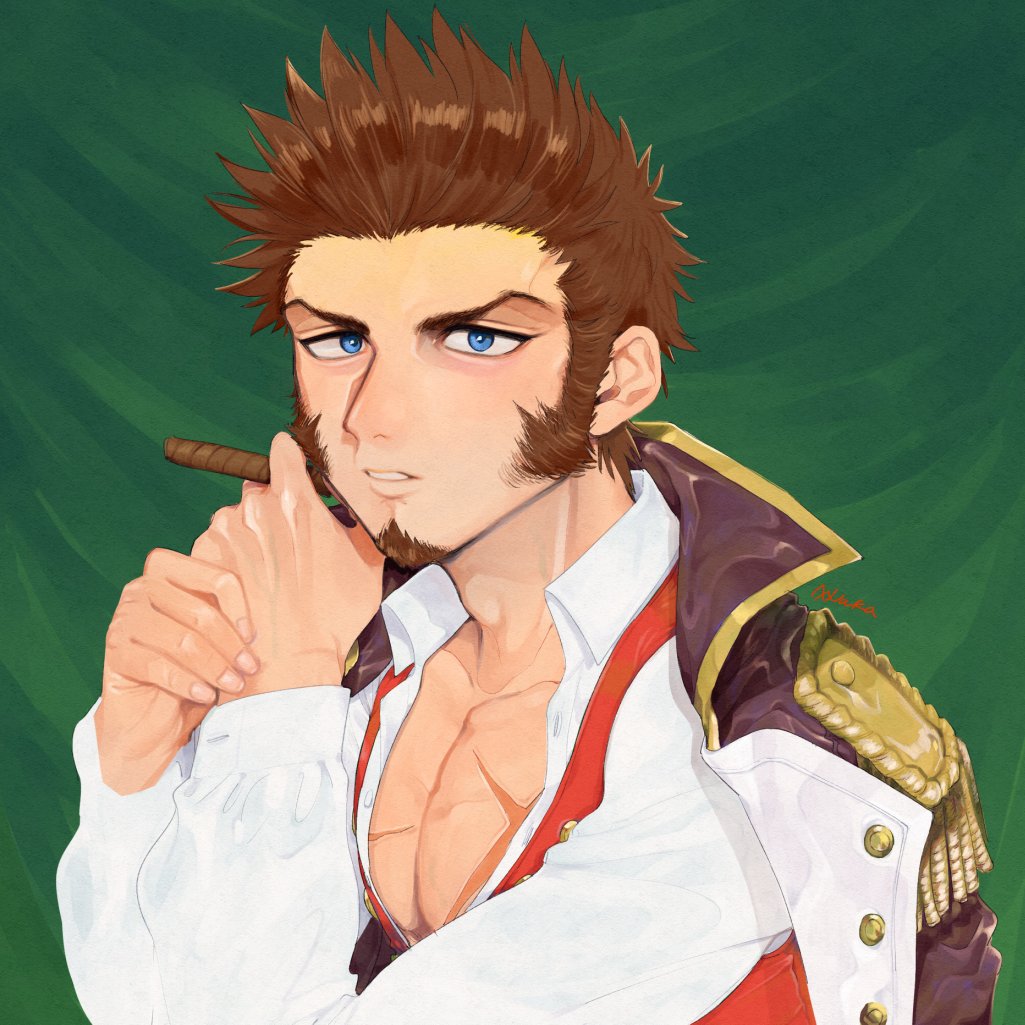 1boy, blue_eyes, brown_hair, cigar, cross_scar, epaulettes, facial_hair, fate/grand_order