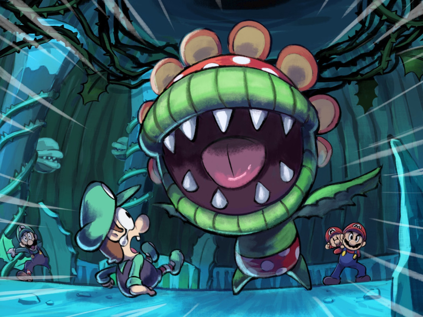 baby_luigi, baby_mario, blue_overalls, cave, facial_hair, green_headwear, green_shirt, highres