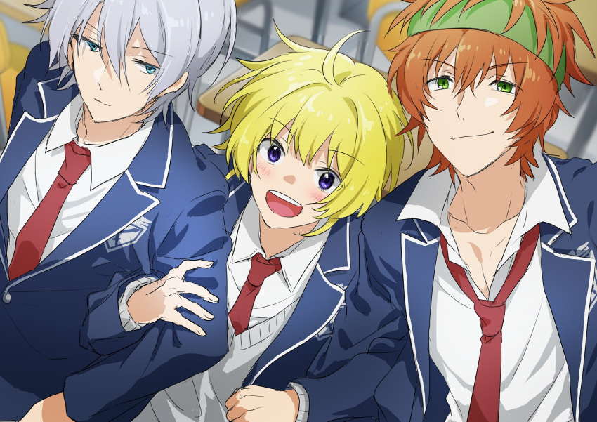 3boys, aqua_eyes, blonde_hair, classroom, green_eyes, grey_hair, highres, idolmaster