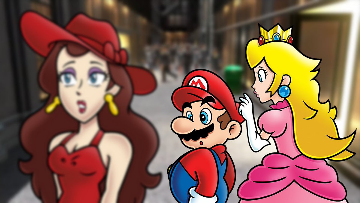 1boy, 2girls, blonde_hair, blue_eyes, blue_overalls, brown_hair, distracted_boyfriend_(meme), docshoddy