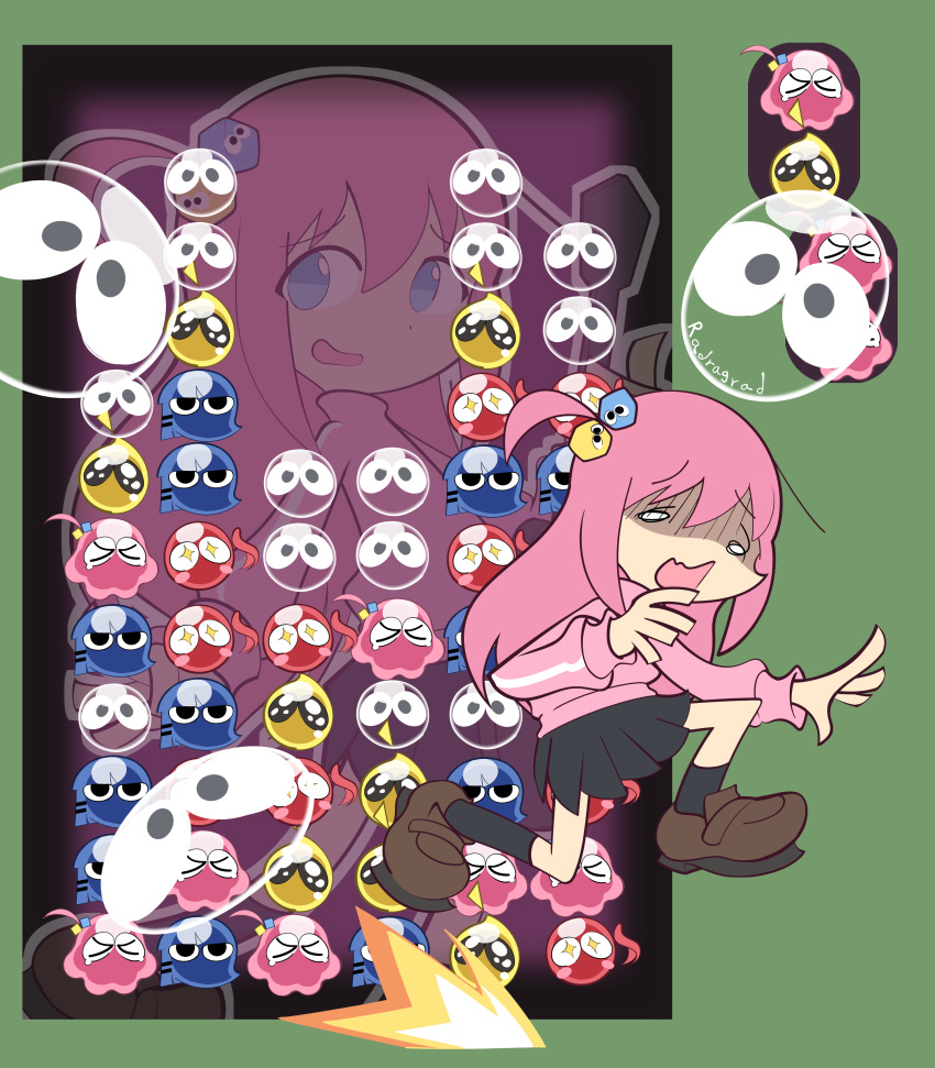 >_<, 4girls, absurdres, black_skirt, black_thighhighs, blue_eyes, blue_hair, bocchi_the_rock!, brown_footwear, closed_eyes, crying, gotou_hitori, highres, ijichi_nijika, kita_ikuyo, long_hair, long_sleeves, looking_at_viewer, multiple_girls, parody, pink_hair, puyo_(puyopuyo), puyopuyo, radabacaxi, redhead, side_ponytail, skirt, thigh-highs, yamada_ryou, yellow_eyes