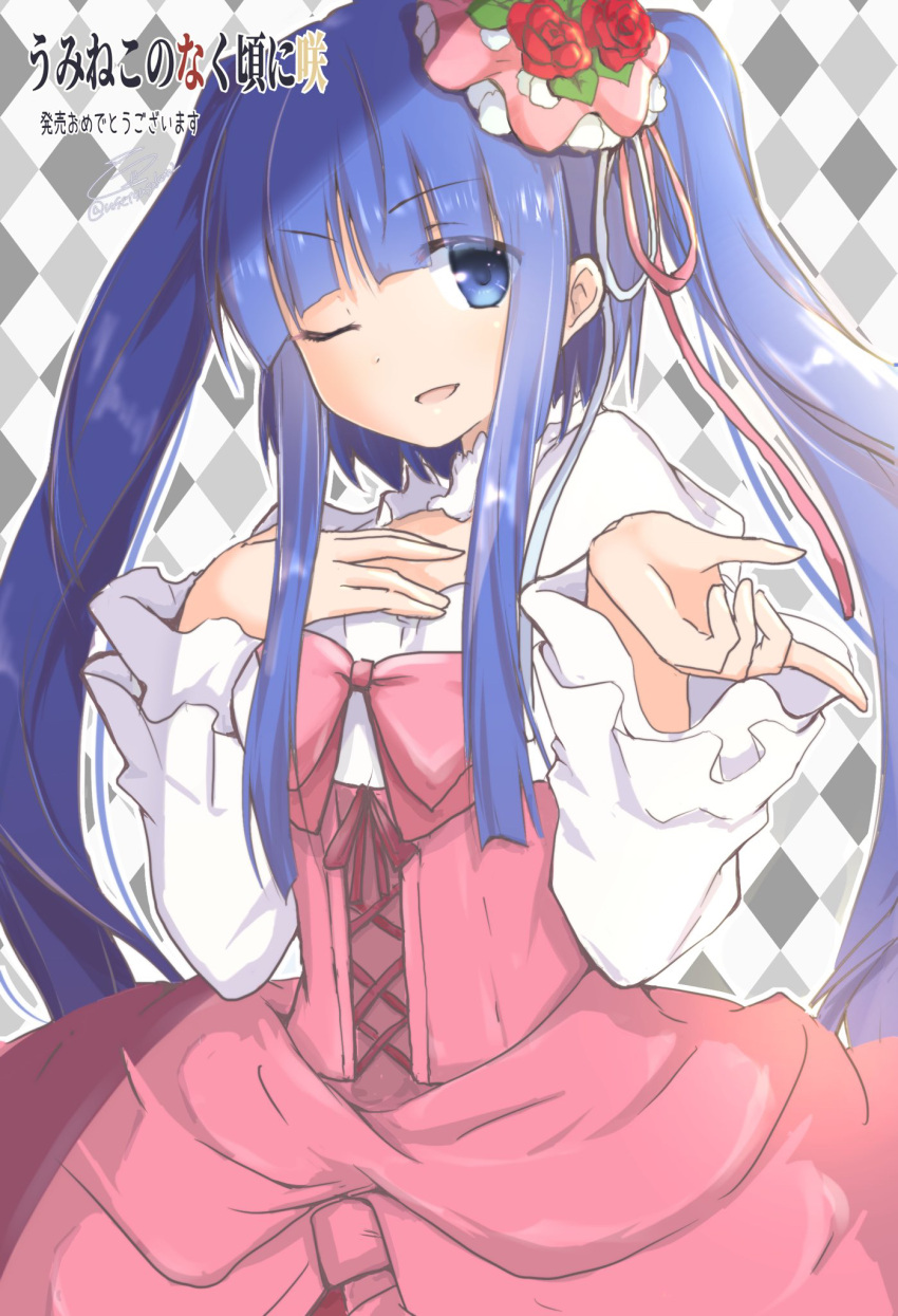 1girl, argyle, argyle_background, bangs, blue_eyes, blue_hair, blunt_bangs, bow