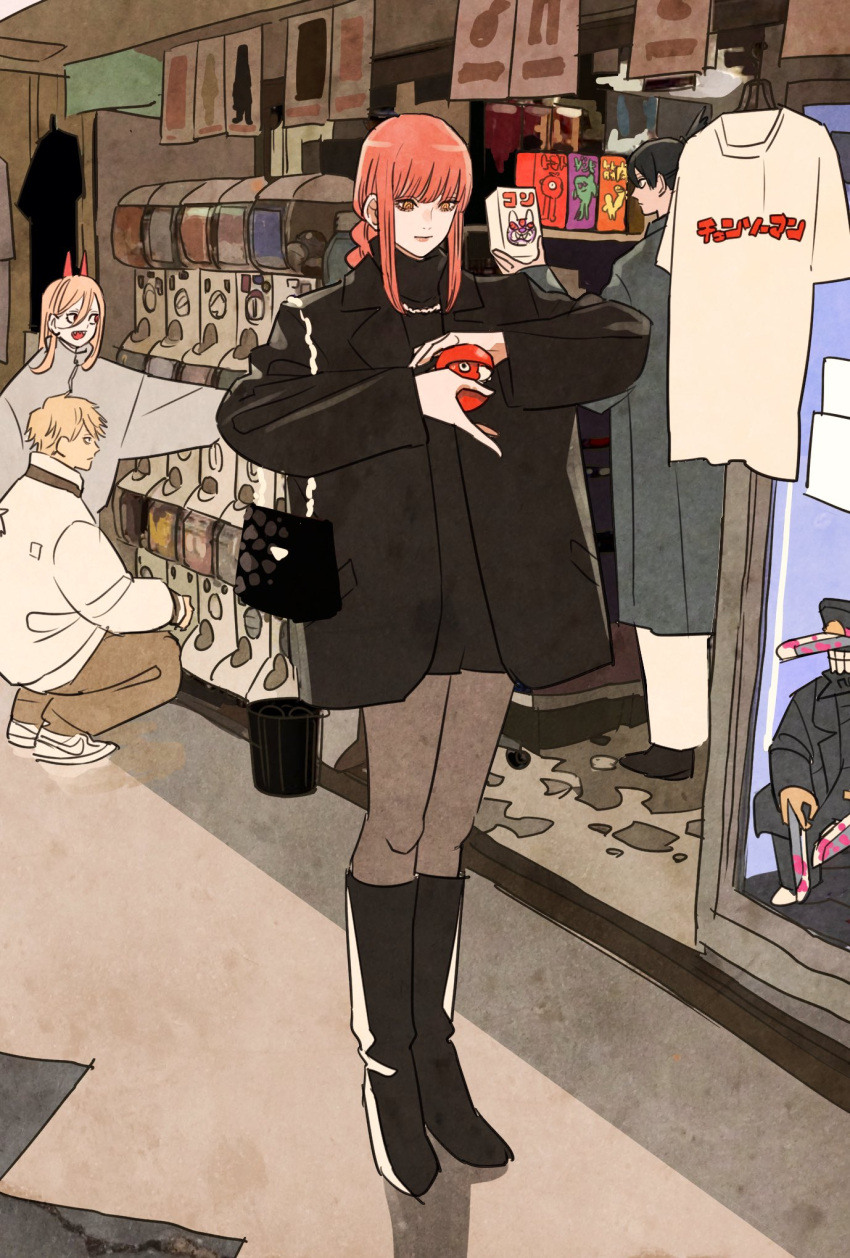 2boys, 2girls, bag, bangs, black_coat, black_footwear, black_hair, black_jacket