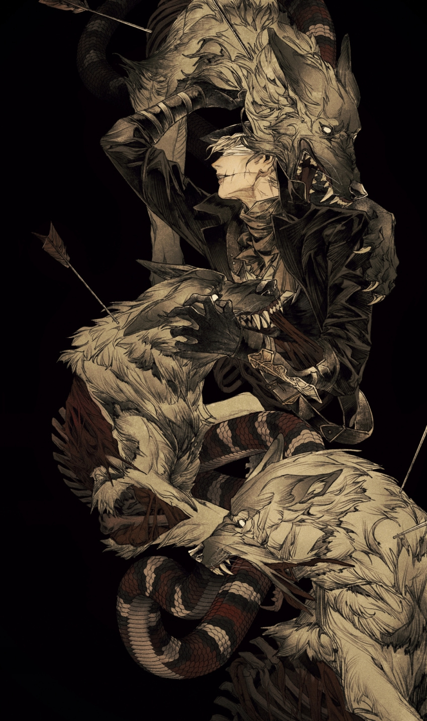 1boy, arm_guards, arm_up, arrow_(projectile), arrow_in_body, bandages, bandages_over_eyes, biting