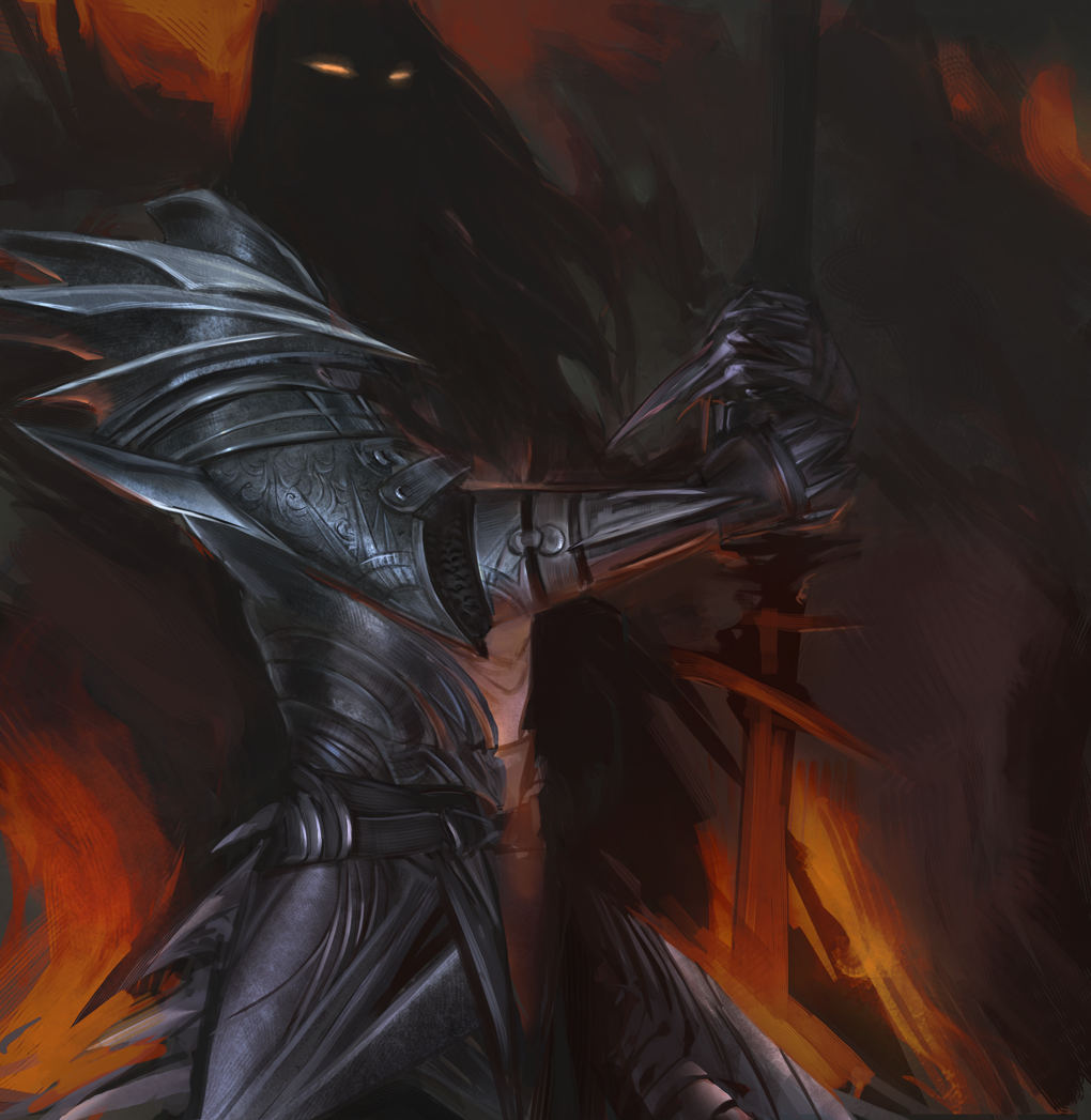 1boy, anastasiyacemetery, armor, black_hair, fire, glowing, glowing_eyes, holding