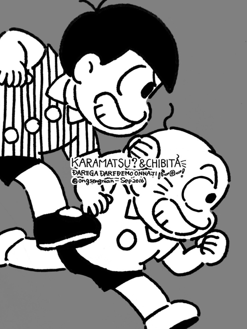 2boys, bald, buttons, character_name, chibita, collared_shirt, grin, highres