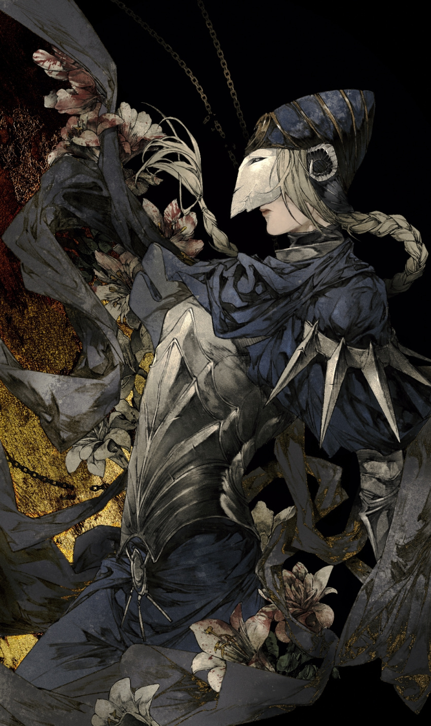 1girl, armor, black_background, blonde_hair, blue_robe, braid, braided_ponytail, breastplate, chain, closed_mouth, commentary, dark_souls_(series), dark_souls_i, english_commentary, floating_hair, flower, helmet, highres, lily_(flower), long_hair, lord's_blade_ciaran, mask, megasus, profile, robe, simple_background, single_braid, solo, spikes, white_flower