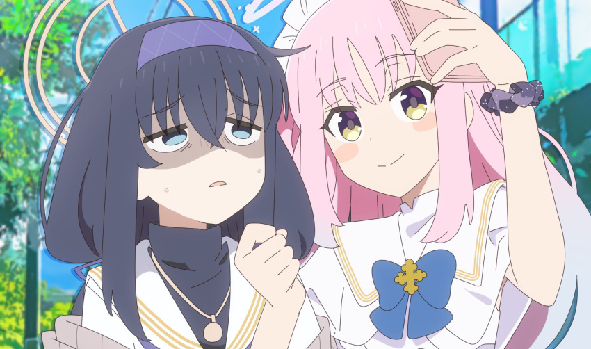 2girls, black_hair, blue_archive, blue_bow, bocchi_the_rock!, bow, cellphone, dress