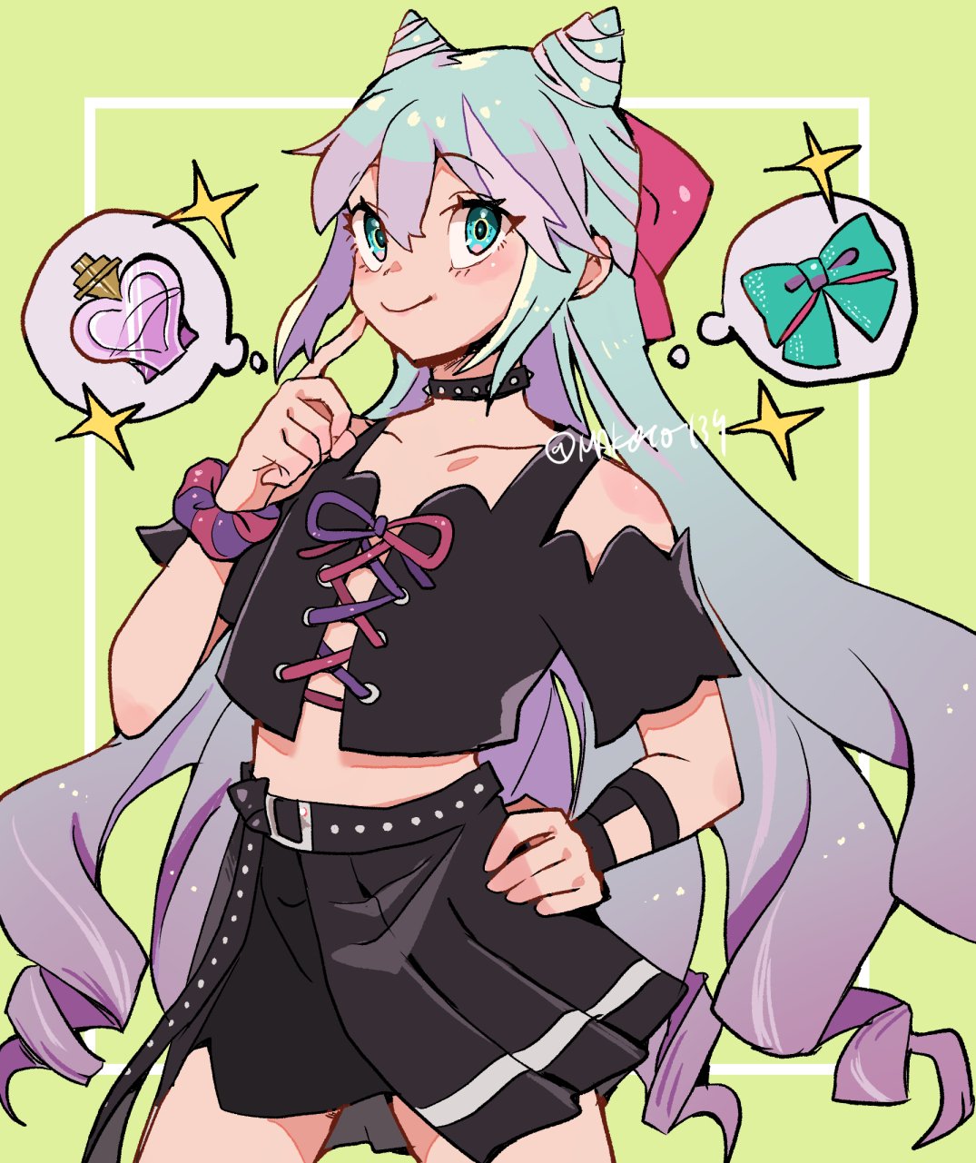 1boy, androgynous, aqua_bow, bangs, bare_shoulders, belt, belt_buckle, black_belt