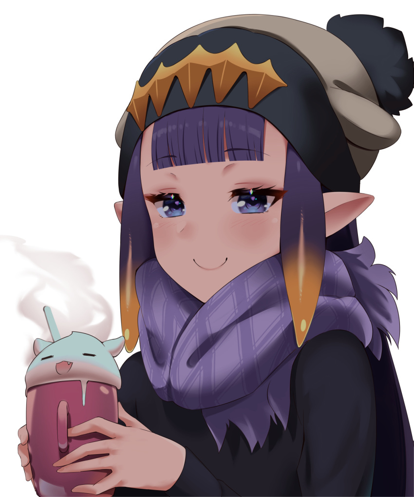 1girl, alternate_costume, bangs, beanie, black_shirt, blunt_bangs, blush, closed_mouth, commentary, cup, drinking_straw, english_commentary, gradient_hair, hat, headpiece, highres, holding, holding_cup, hololive, hololive_english, long_sleeves, looking_at_viewer, multicolored_hair, nano_(nanojyaa), ninomae_ina'nis, orange_hair, pointy_ears, portrait, purple_hair, purple_scarf, scarf, shirt, simple_background, smirk, smug, solo, steam, takodachi_(ninomae_ina'nis), tentacle_hair, two-tone_hair, violet_eyes, virtual_youtuber, white_background, winter_clothes