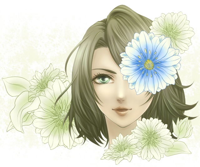 brown_hair, female, final_fantasy, final_fantasy_x, flower, green_eyes, ranis, short_hair, solo, yuna