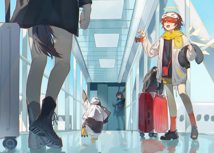 3girls, airport, amiya_(arknights), animal, arknights, bag, bangs, beanie
