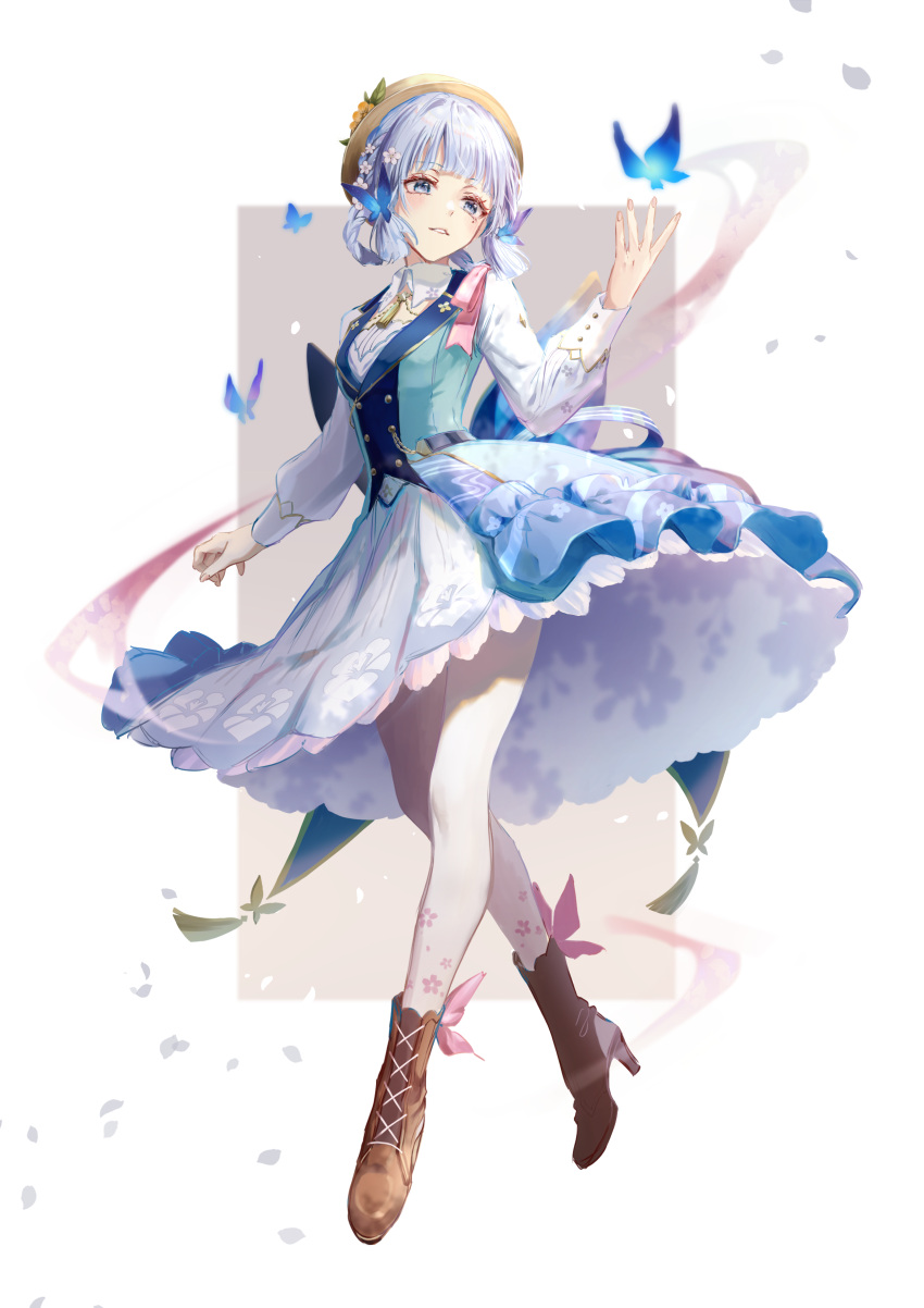 1girl, absurdres, blue_butterfly, blue_dress, blue_eyes, blue_hair, blunt_tresses, boots