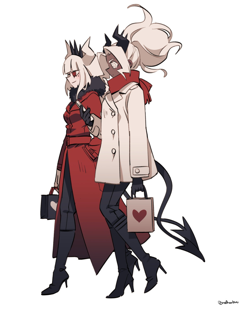 2girls, bag, boots, cellphone, coat, colored_skin, commentary, dark-skinned_female