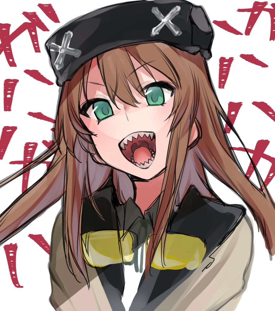 1girl, black_headwear, brown_hair, el_mofus_3_(rance_10), fangs, goggles, goggles_around_neck, green_eyes