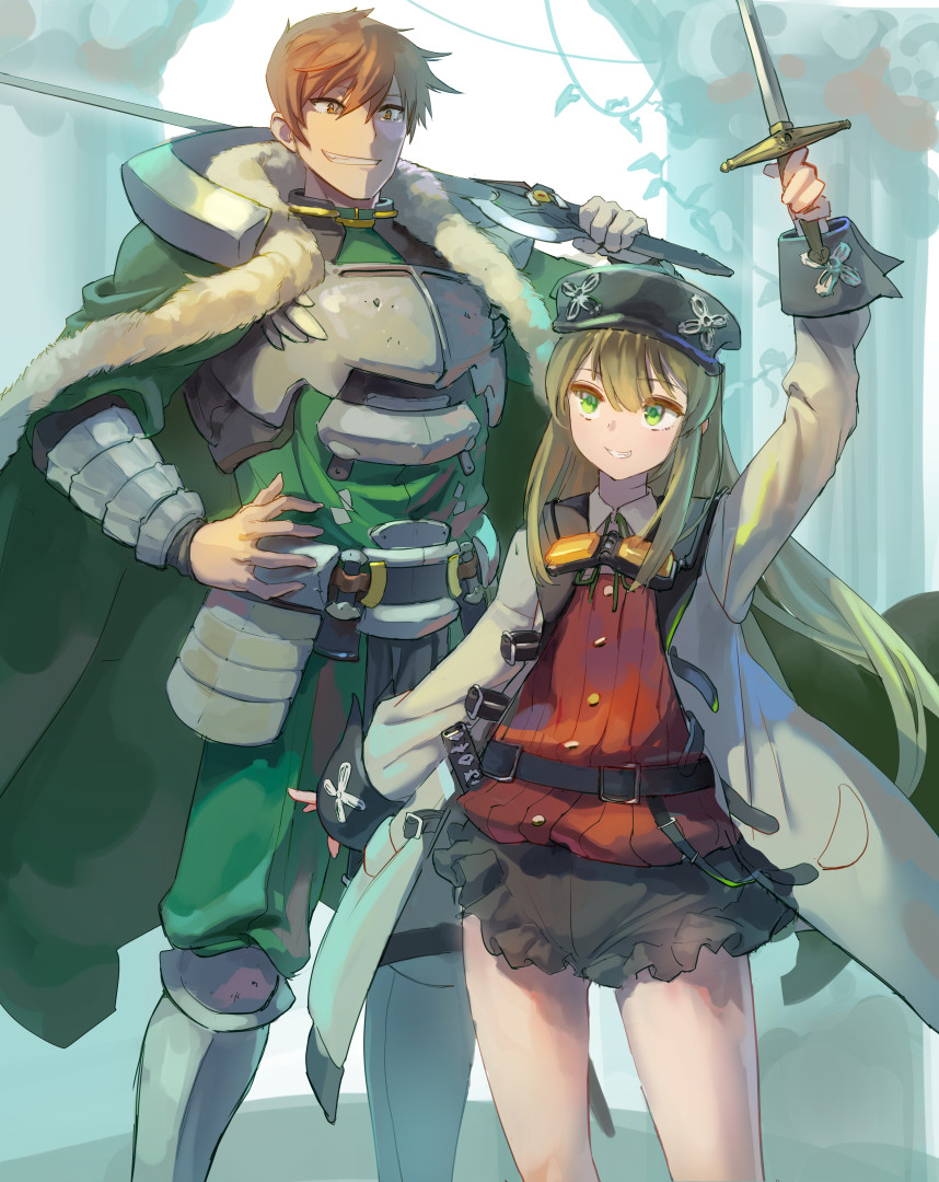 1boy, 1girl, armor, belt, black_belt, black_headwear, black_shorts, breastplate, brown_eyes, brown_hair, buttons, coat, el_mofus_3_(rance_10), father_and_daughter, fur-trimmed_armor, goggles, goggles_around_neck, green_eyes, green_pants, green_shirt, holding, holding_sword, holding_weapon, kazo_(kazozakazo), long_hair, pants, rance, rance_(series), rance_10, red_shirt, shirt, short_hair, shorts, sword, weapon, white_coat
