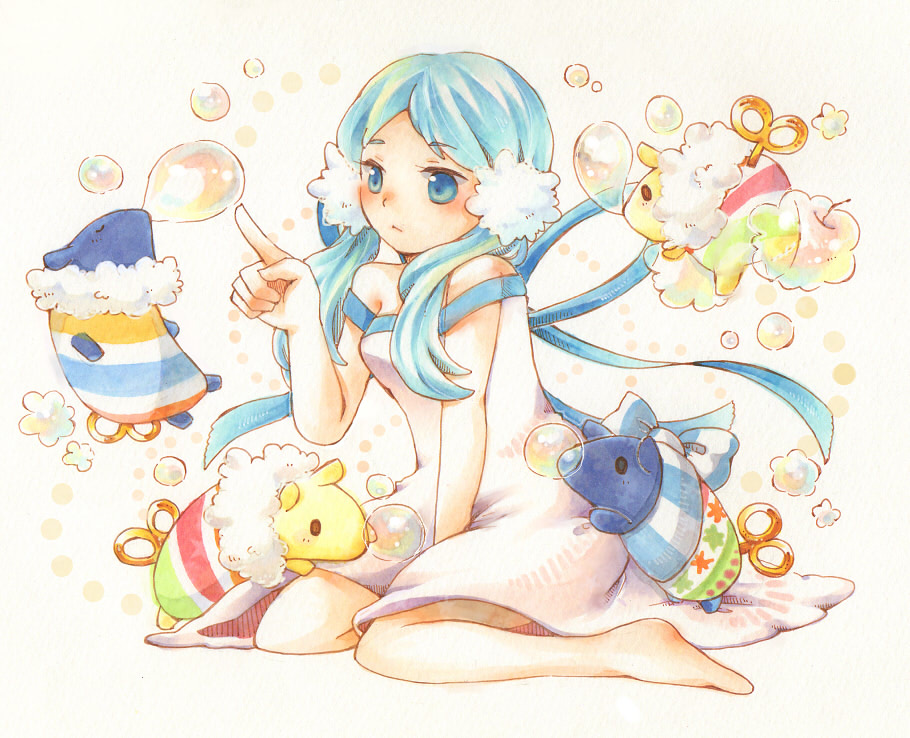 1girl, baku_(creature), bare_shoulders, barefoot, blue_eyes, blue_hair, bubble, cc56